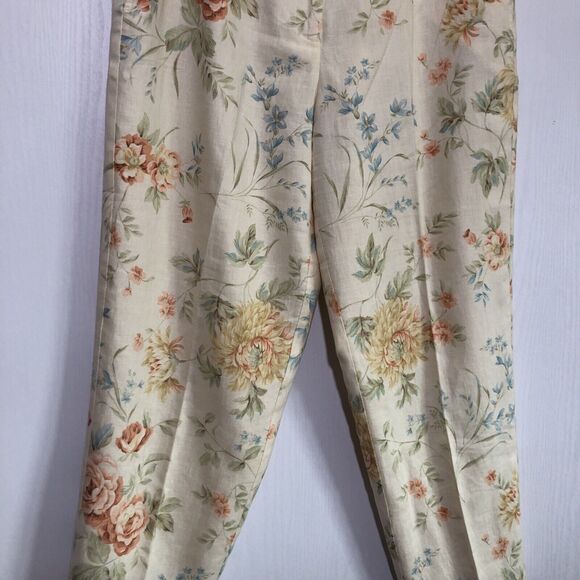 Talbots Pants Womens 10 Yellow Linen Floral Cottage Ankle Tapered Resort Vintage - Picture 3 of 12